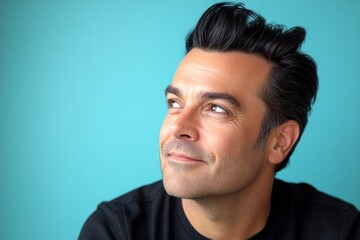 Fototapeta premium Creative of style for aging men. Chic men's pompadour haircut - midlife white man with black hair. Blue solid background. A sophisticated gentleman in a well-lit studio.