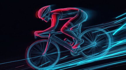 Fototapeta premium Cyclist racing, neon trails, night, speed