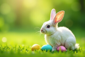 Obraz premium Fluffy bunny ears with colorful eggs on a green meadow, spring, landscape