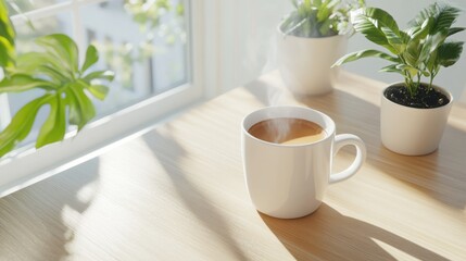 Freshly brewed coffee closeup on wooden table bright window light cozy home environment