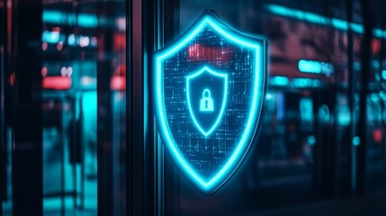 Cybersecurity shield emblem on glass: digital protection for data and network safety 