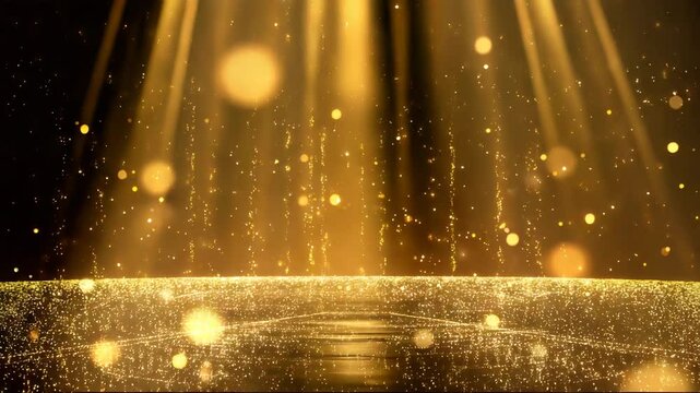 金色の粒子とリボン状の光の線が滑らかに流れる高級感ある抽象映像