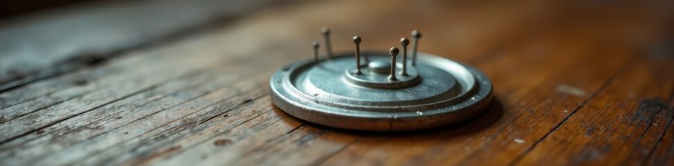 Circular metal badge with pins on a wooden desk, isolated, props, metallic