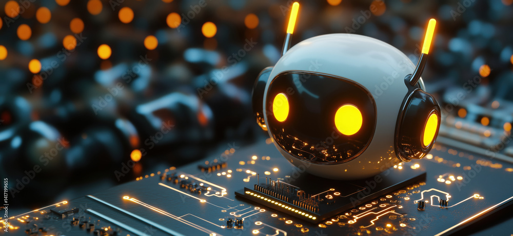 Poster cute robot character on circuit board with glowing elements, showcasing advanced technology and desi