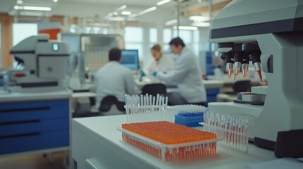 Laboratory setup pipettes and DNA sequencing machines researchers working in the background