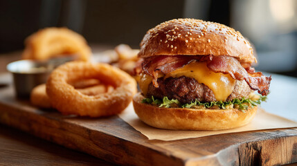 Delicious bacon cheeseburger with onion rings food photography restaurant menu advertisement image sample