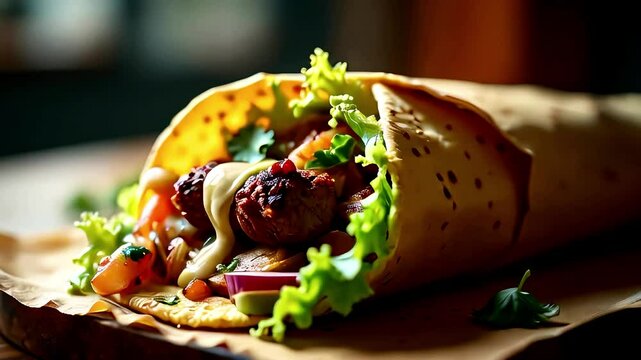 Spicy sausage wrapped in pita bread with fresh lettuce and tomato, captured in a vibrant close-up perfect for fast food advertising