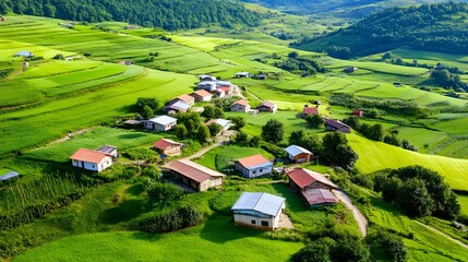 Lush Green Valley Village Aerial View -  Aerial Photography