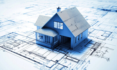 Architectural model house on blueprint background showcasing detailed construction plans and design elements.