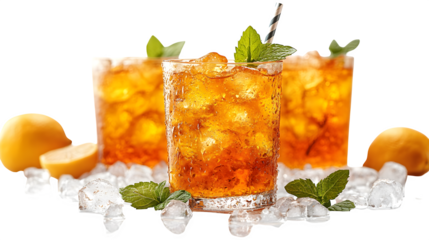 Glass of lemonade with ice cubes, mint, and straw, summer refreshment concept, isolated on white background