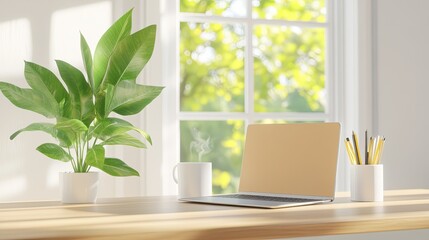 Fototapeta premium Modern office desk scene with closed laptop and coffee bright natural light relaxed environment