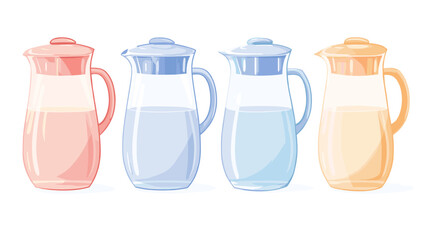 Pastel Colored Glass Pitchers with Liquid Set on White Background