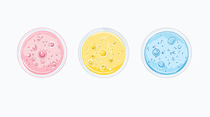 Fototapeta premium Pastel Pink Yellow and Blue Petri Dishes with Bacteria Cultures Top View Illustration