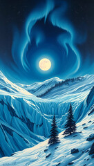 Obraz premium Cosmic glacier scene with auroras, glowing ice, and pine silhouettes inspires mystery. 