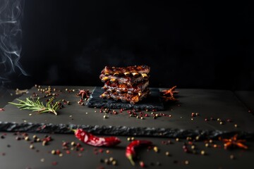 Tender grilled pork ribs with smoky glaze, perfectly charred crust, meat falling off bones, rich color highlighted by soft lighting.