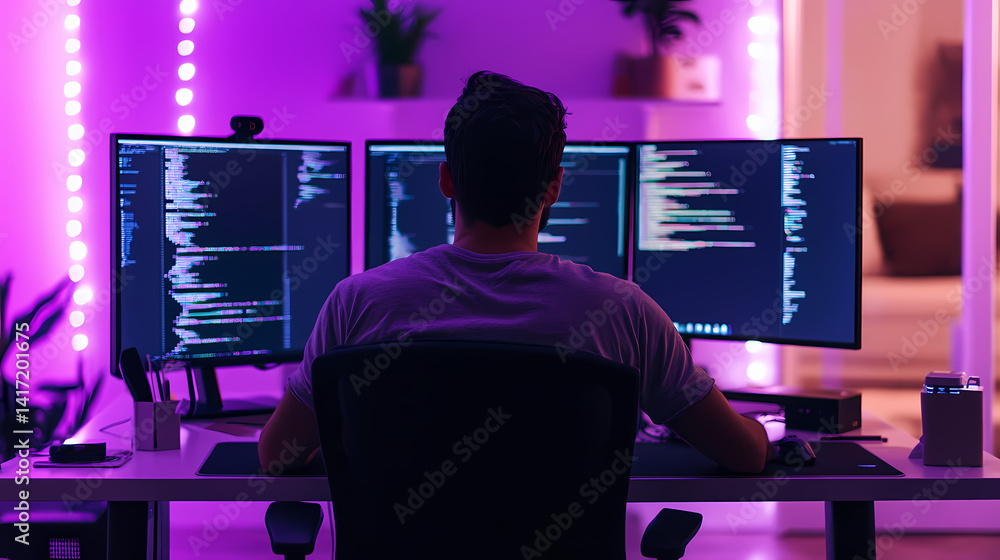 Poster digital workstation: a dedicated individual is deeply engrossed in coding on a multi-screen setup, b