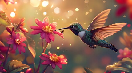 Fototapeta premium A hummingbird drinking nectar from vibrant flowers