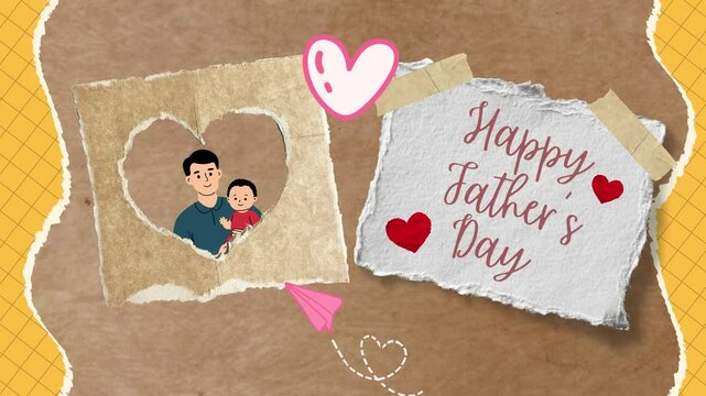 Happy Father's Day Concept Animated 4k Video Motion Graphics. Father's day greeting animation. Father and son motion ripped papper elements.