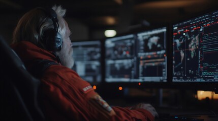 Obraz premium Man in orange uniform monitoring multiple screens in dark control room. Mission control center operator at night shift. Space mission management and data analysis concept