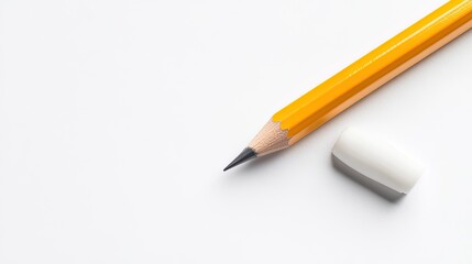 Creative illustration of a yellow pencil and eraser on a white background close-up perspective