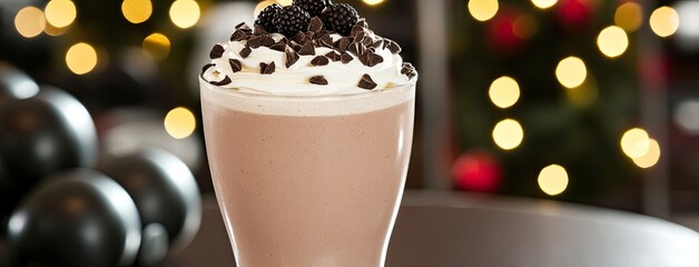 Delicious smoothie topped with chocolate and cream sits in a gym, ideal for a refreshing treat after an intense workout routine