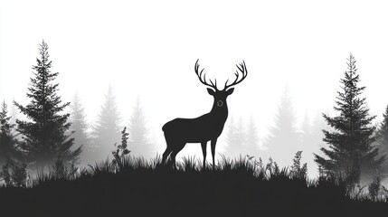 Majestic deer silhouette in misty forest.