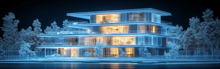 Futuristic Glass Architecture Blueprint with Digital Glow