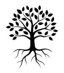 Vector black elegant simple tree illustration with crown and roots isolated on white background