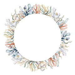Seaweeds Algae Sea Corals Wreath. Cute ocean marine underwater plants. Watercolor summer isolated pastel illustration