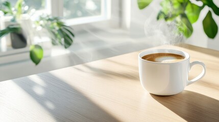 Obraz premium Freshly brewed coffee closeup on wooden table bright room natural light cozy vibes