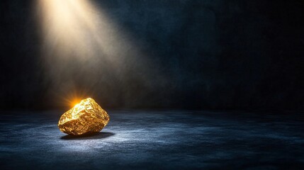 Gold nugget spotlight on dark background: untapped wealth career opportunity unlock potential achieve financial success discover your inner treasure growth concept 