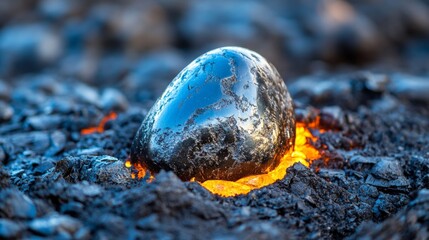 Obsidian gemstone in ash: shiny black stone on volcanic ground with dramatic lighting geological formation on fire background 