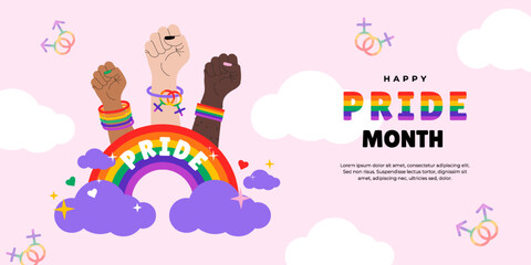Horizontal greeting banner, card, poster, cover with LGBTQ symbol. Vector design template for Pride Month celebration.