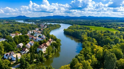 Naklejka premium Scenic River Town Aerial View, Summer - Aerial perspectives: The ov.