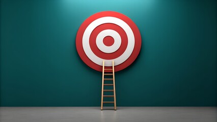 3D target with ladder leaning against it on teal background, symbolizing goal setting, achievement, and success strategy