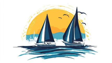 Fototapeta premium Two sailboats sailing at sunset on the ocean.