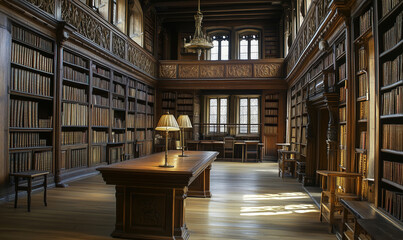 Elegant wooden library interior with tall bookshelves, intricate carvings, and warm lighting creating a serene reading environment.