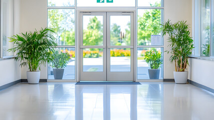 Fototapeta premium Calm office corridor with blurred doorway modern building indoor scene professional environment