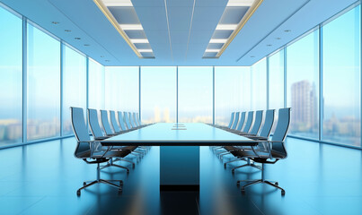 Modern conference room with panoramic city views, sleek design, large glass windows, long table, ergonomic chairs, bright lighting.