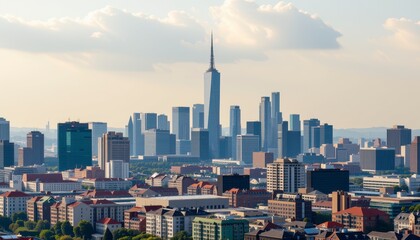 Obraz premium City Skyline Panorama A High Angle View of Urban Structures on a Partly Cloudy Day