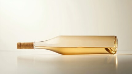 Partially filled amber glass wine bottle lying horizontally on white background.
