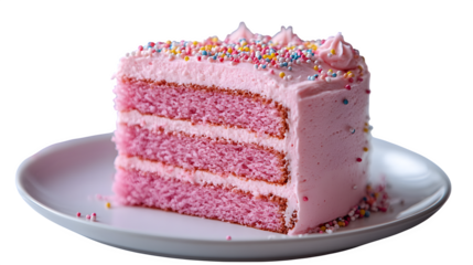 double-layered pink cake with sprinkles, isolated on white background