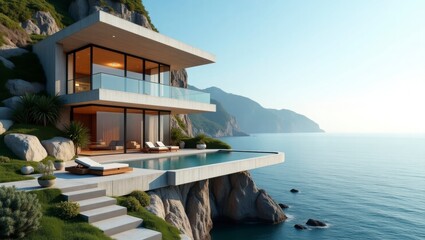 Fototapeta premium Striking cinematic image of an elegant house on a cliff with vibrant colors and surreal coastal atmosphere