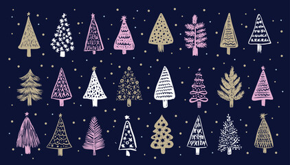 Christmas tree pattern on blue, hand drawn illustration	

