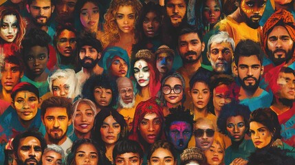 Obraz premium Colorful diverse people crowd abstract art seamless pattern. Multi-ethnic community, big cultural diversity group background illustration in modern collage painting style.