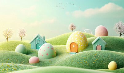 Colorful Easter landscape with whimsical houses and decorated eggs on rolling hills, springtime scene with pastel colors and blooming trees.