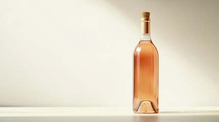 A single bottle of ros? wine stands on a white surface, illuminated by a soft light.