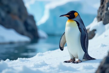 Obraz premium Antarctic penguin surrounded by icy rocks and snow, frozen, south pole