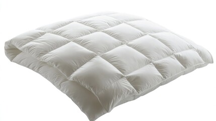 White, fluffy, quilted comforter folded on white background.