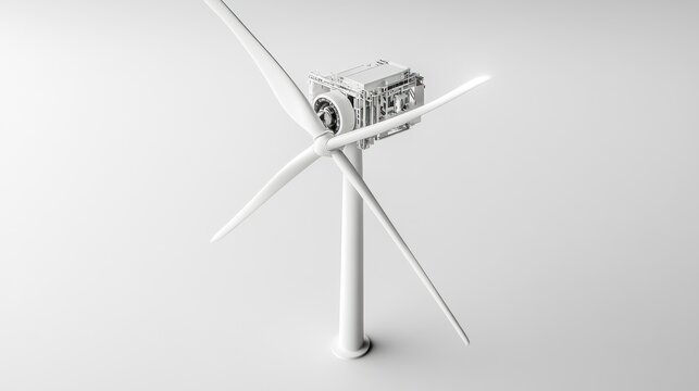 White 3D model of a small wind turbine generator.